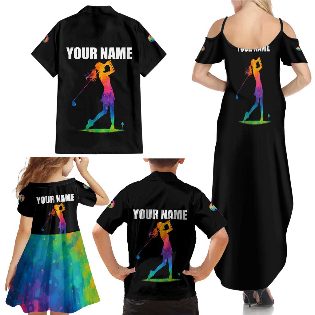 Colorful Golf Family Matching Summer Maxi Dress and Hawaiian Shirt Watercolor American Flag Female Golfer Silhouette in Rainbow Gradient - Wonder Print Shop