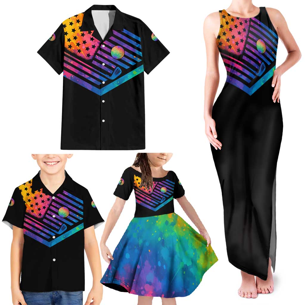 Colorful Golf Family Matching Tank Maxi Dress and Hawaiian Shirt Watercolor American Flag Female Golfer Silhouette in Rainbow Gradient - Wonder Print Shop