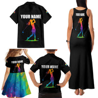 Colorful Golf Family Matching Tank Maxi Dress and Hawaiian Shirt Watercolor American Flag Female Golfer Silhouette in Rainbow Gradient - Wonder Print Shop