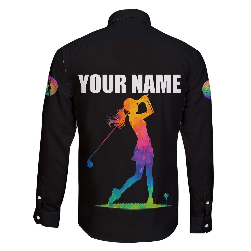 Colorful Golf Family Matching Tank Maxi Dress and Hawaiian Shirt Watercolor American Flag Female Golfer Silhouette in Rainbow Gradient - Wonder Print Shop