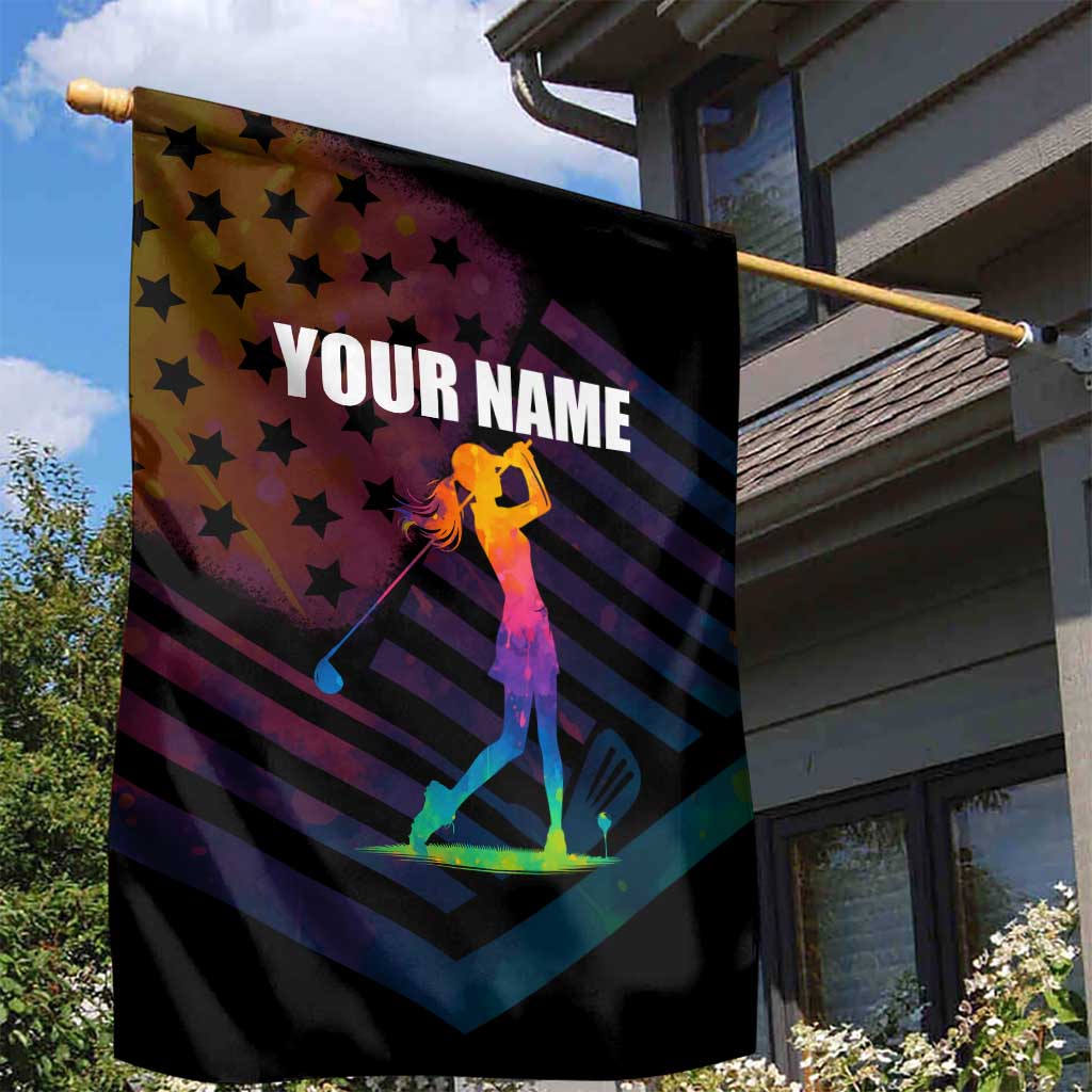 Colorful Golf Garden Flag Watercolor American Flag Female Golfer Silhouette in Rainbow Gradient - Wonder Print Shop