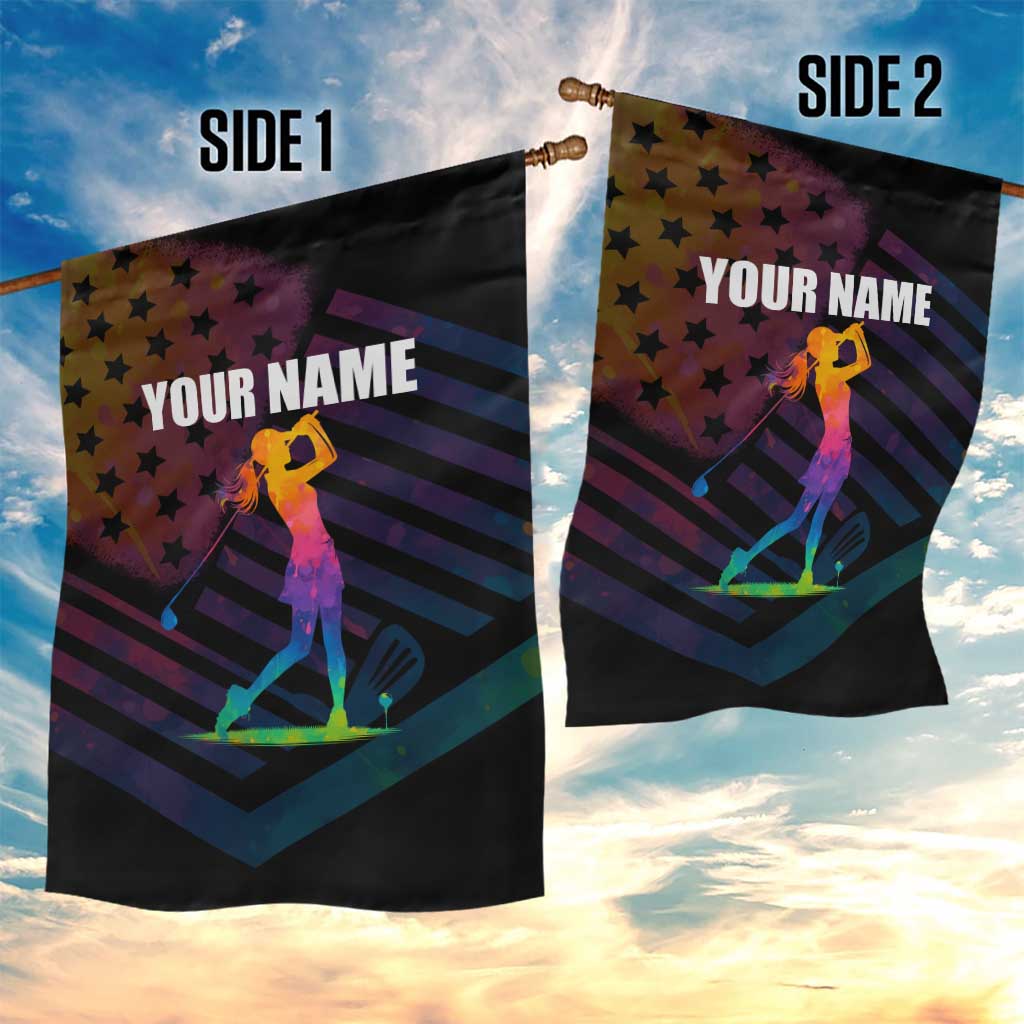 Colorful Golf Garden Flag Watercolor American Flag Female Golfer Silhouette in Rainbow Gradient - Wonder Print Shop