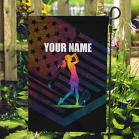 Colorful Golf Garden Flag Watercolor American Flag Female Golfer Silhouette in Rainbow Gradient - Wonder Print Shop