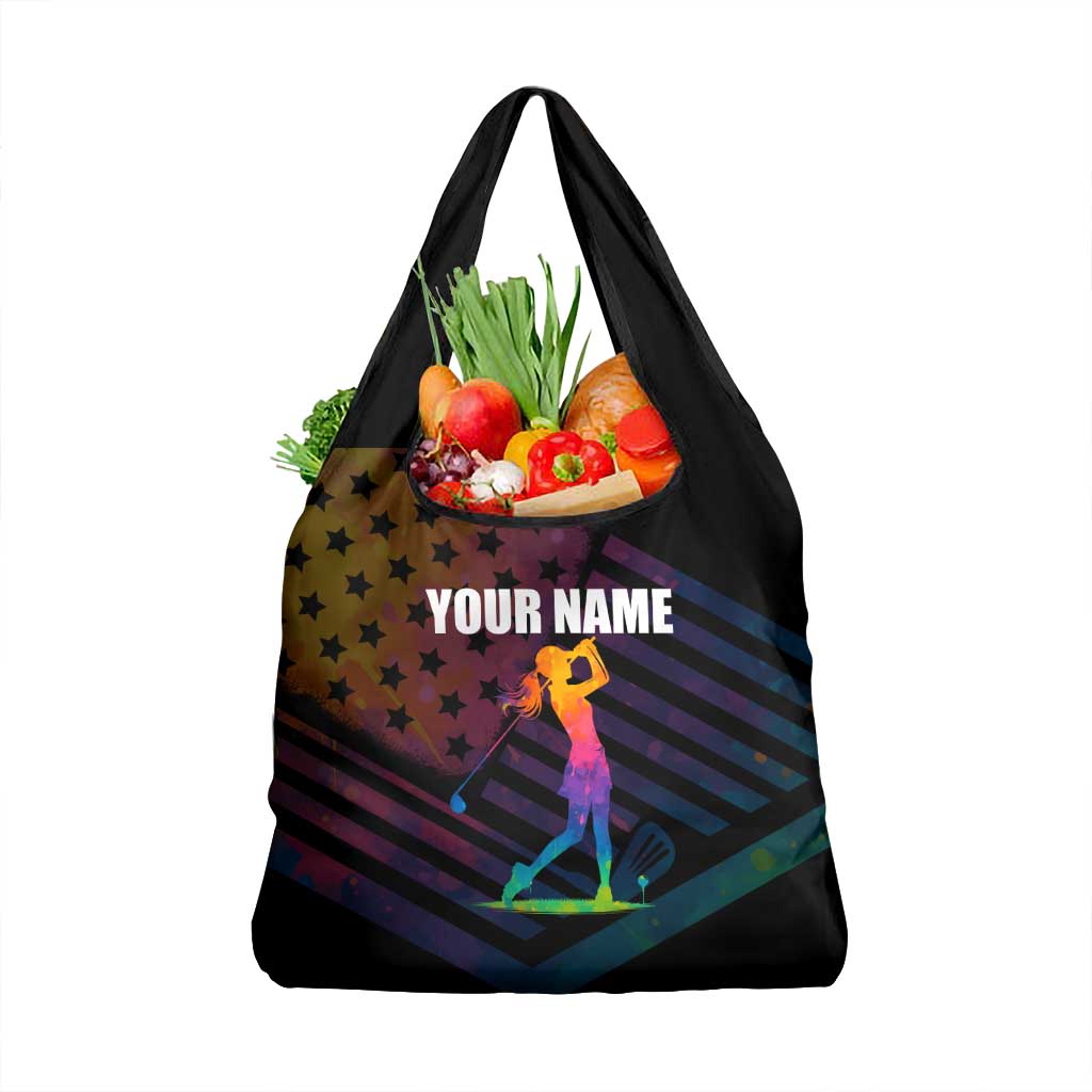 Colorful Golf Grocery Bag Watercolor American Flag Female Golfer Silhouette in Rainbow Gradient - Wonder Print Shop