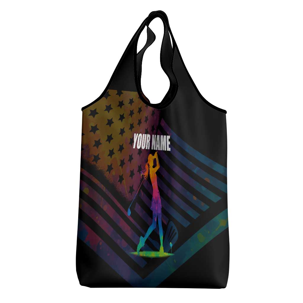 Colorful Golf Grocery Bag Watercolor American Flag Female Golfer Silhouette in Rainbow Gradient - Wonder Print Shop