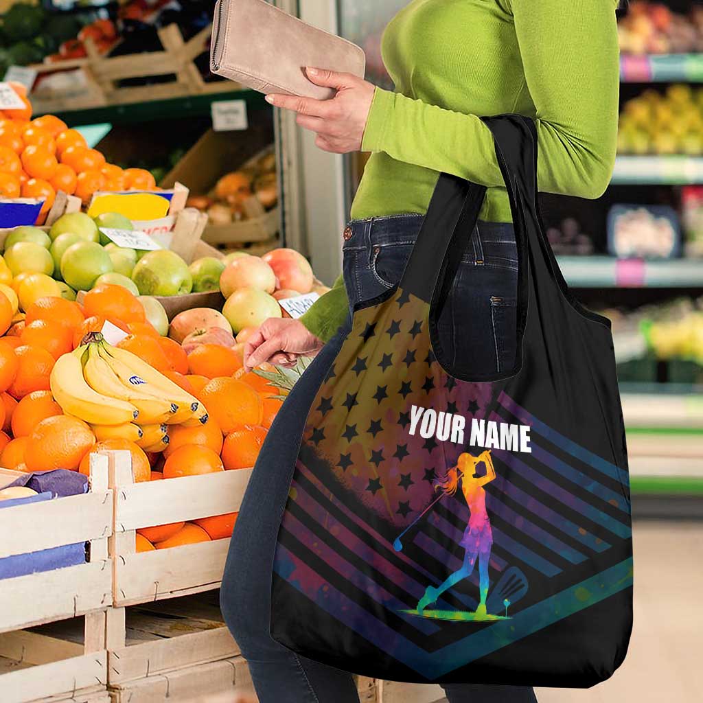 Colorful Golf Grocery Bag Watercolor American Flag Female Golfer Silhouette in Rainbow Gradient - Wonder Print Shop