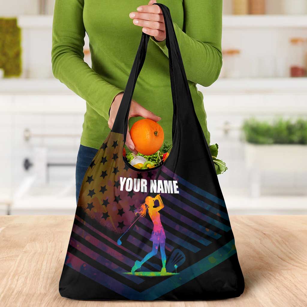 Colorful Golf Grocery Bag Watercolor American Flag Female Golfer Silhouette in Rainbow Gradient - Wonder Print Shop