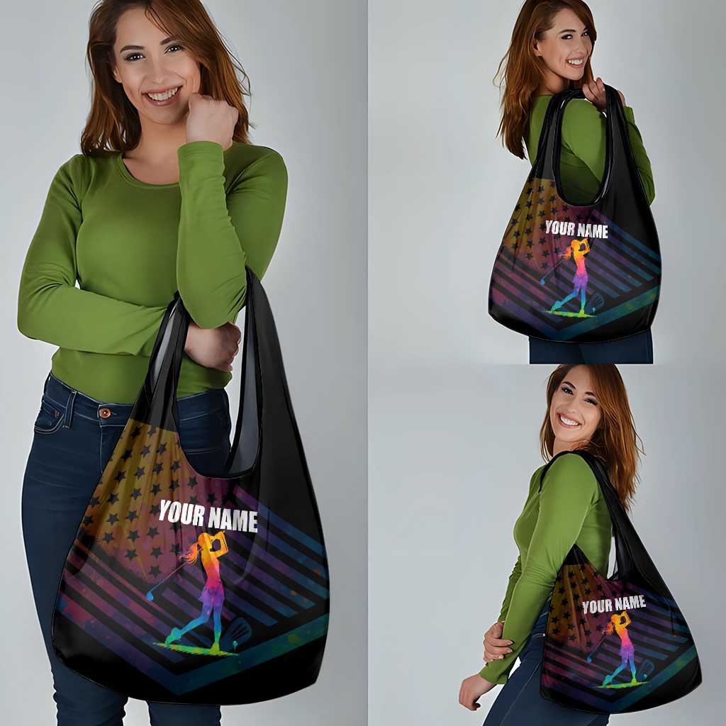 Colorful Golf Grocery Bag Watercolor American Flag Female Golfer Silhouette in Rainbow Gradient - Wonder Print Shop
