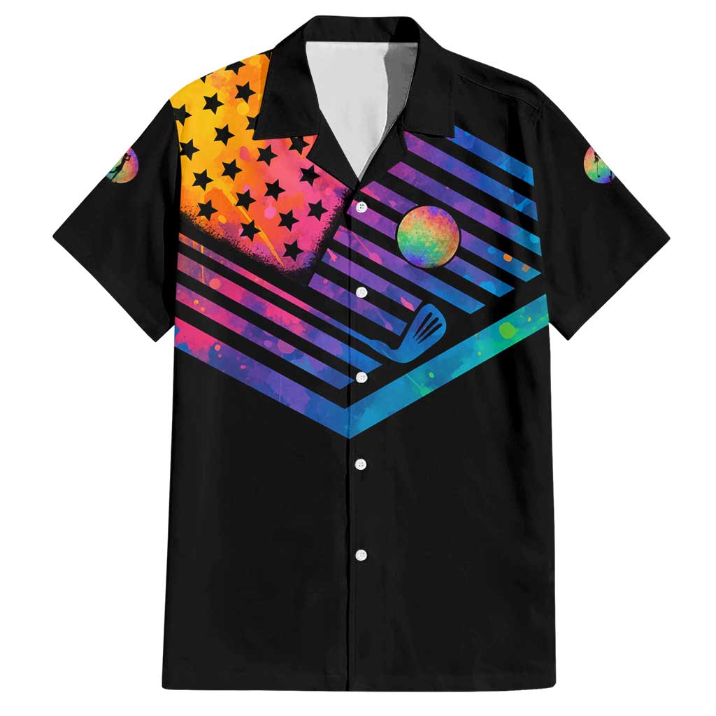 Colorful Golf Hawaiian Shirt Watercolor American Flag Female Golfer Silhouette in Rainbow Gradient - Wonder Print Shop