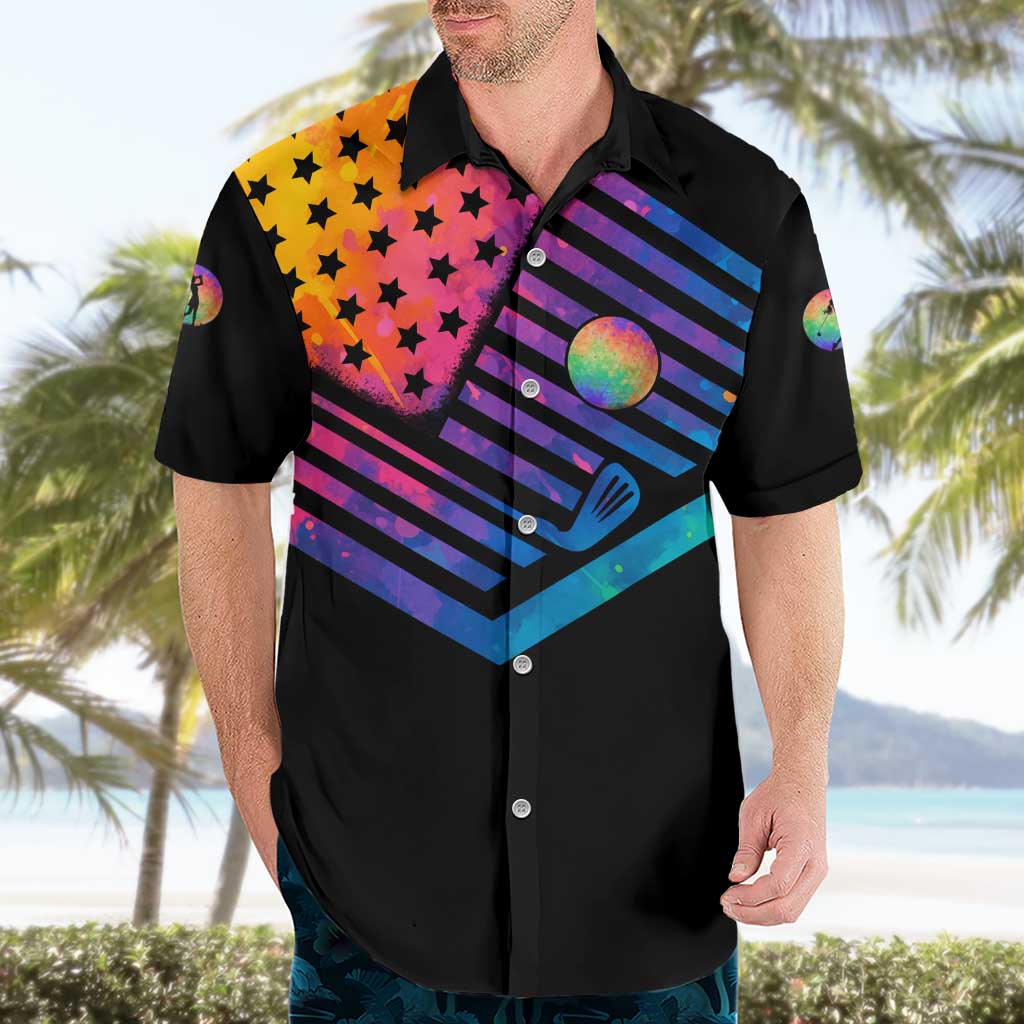 Colorful Golf Hawaiian Shirt Watercolor American Flag Female Golfer Silhouette in Rainbow Gradient - Wonder Print Shop