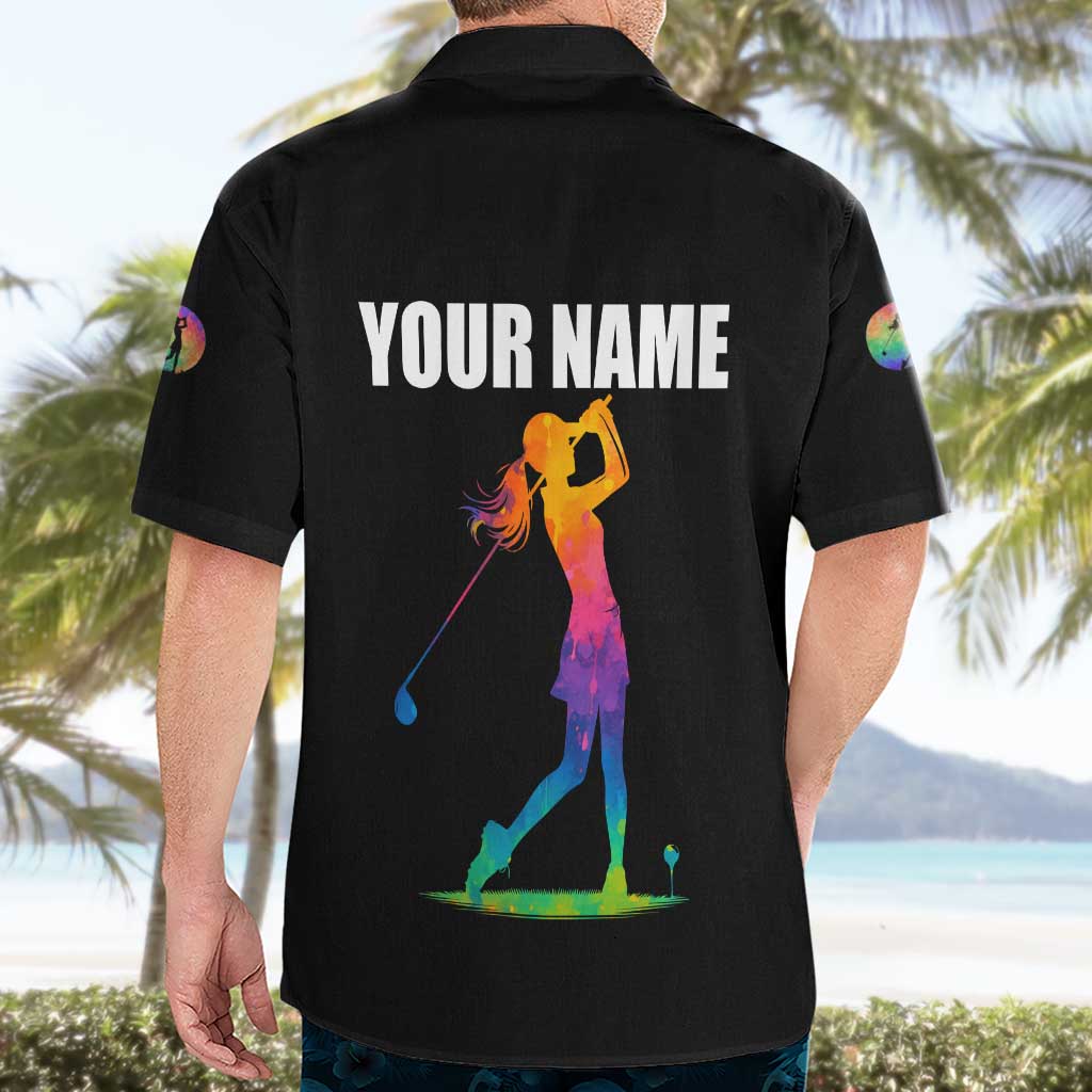 Colorful Golf Hawaiian Shirt Watercolor American Flag Female Golfer Silhouette in Rainbow Gradient - Wonder Print Shop