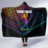 Colorful Golf Hooded Blanket Watercolor American Flag Female Golfer Silhouette in Rainbow Gradient - Wonder Print Shop