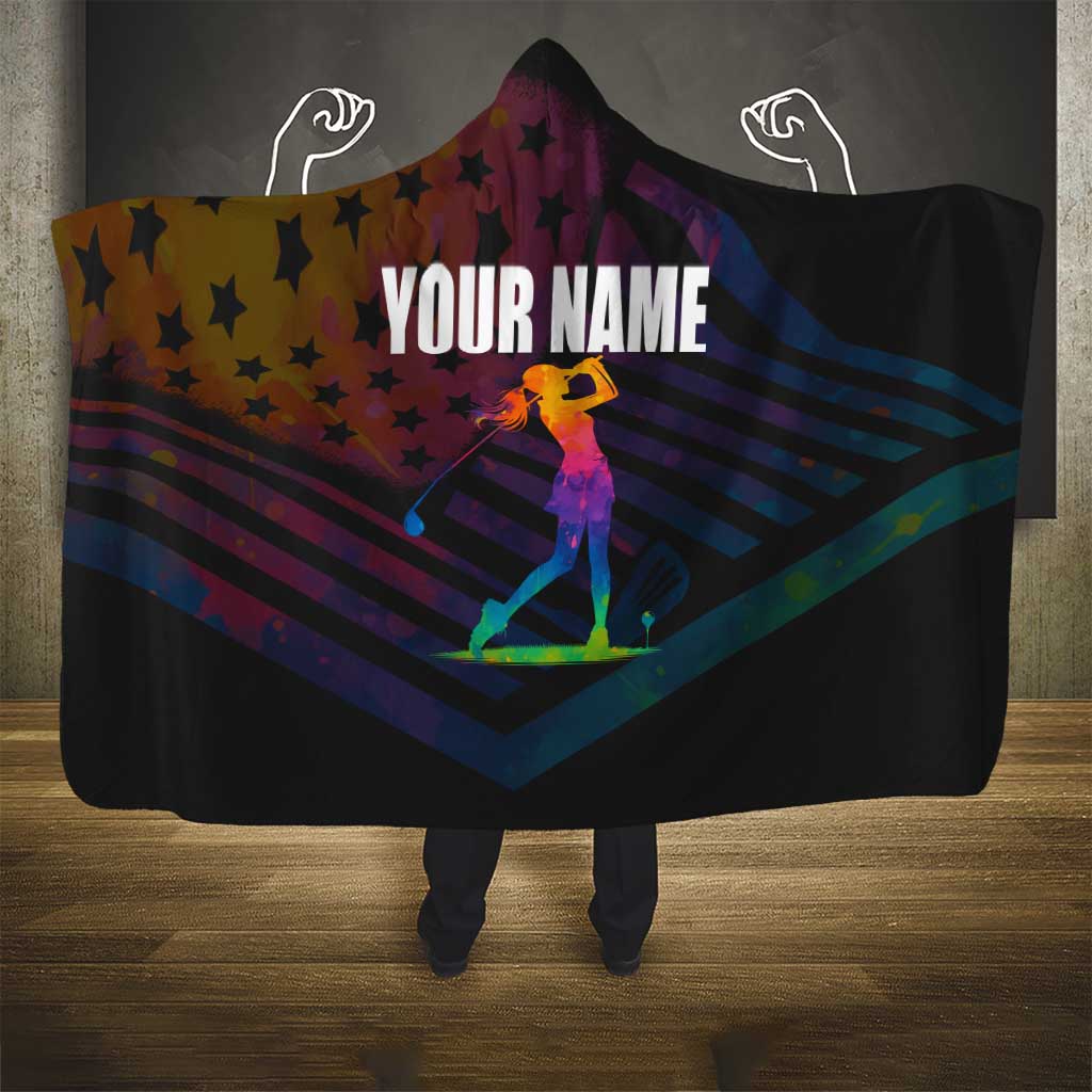 Colorful Golf Hooded Blanket Watercolor American Flag Female Golfer Silhouette in Rainbow Gradient - Wonder Print Shop