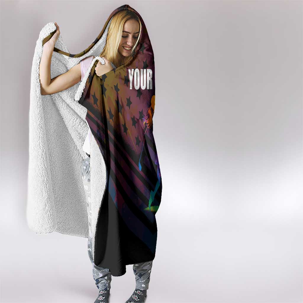 Colorful Golf Hooded Blanket Watercolor American Flag Female Golfer Silhouette in Rainbow Gradient - Wonder Print Shop