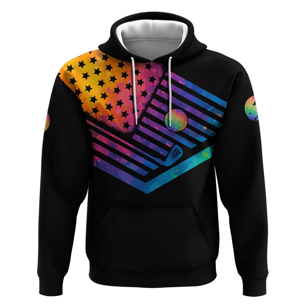 Colorful Golf Hoodie Watercolor American Flag Female Golfer Silhouette in Rainbow Gradient - Wonder Print Shop