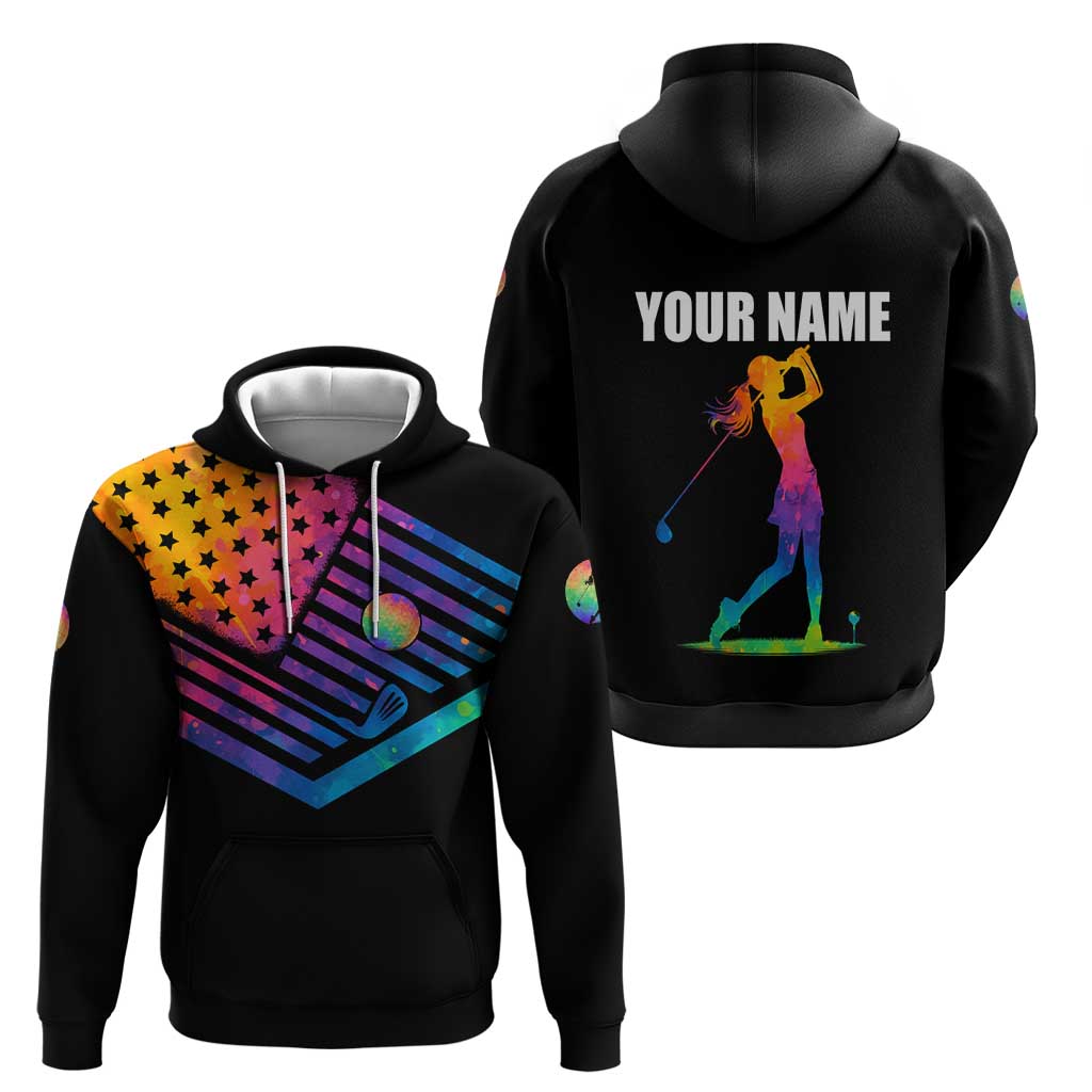 Colorful Golf Hoodie Watercolor American Flag Female Golfer Silhouette in Rainbow Gradient - Wonder Print Shop