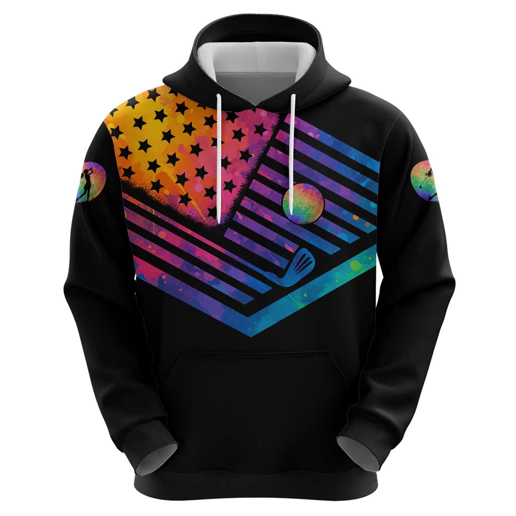 Colorful Golf Hoodie Watercolor American Flag Female Golfer Silhouette in Rainbow Gradient - Wonder Print Shop