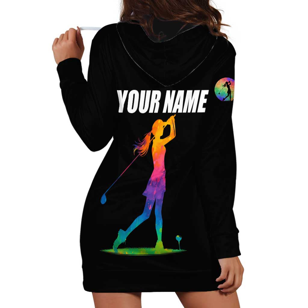 Colorful Golf Hoodie Dress Watercolor American Flag Female Golfer Silhouette in Rainbow Gradient - Wonder Print Shop