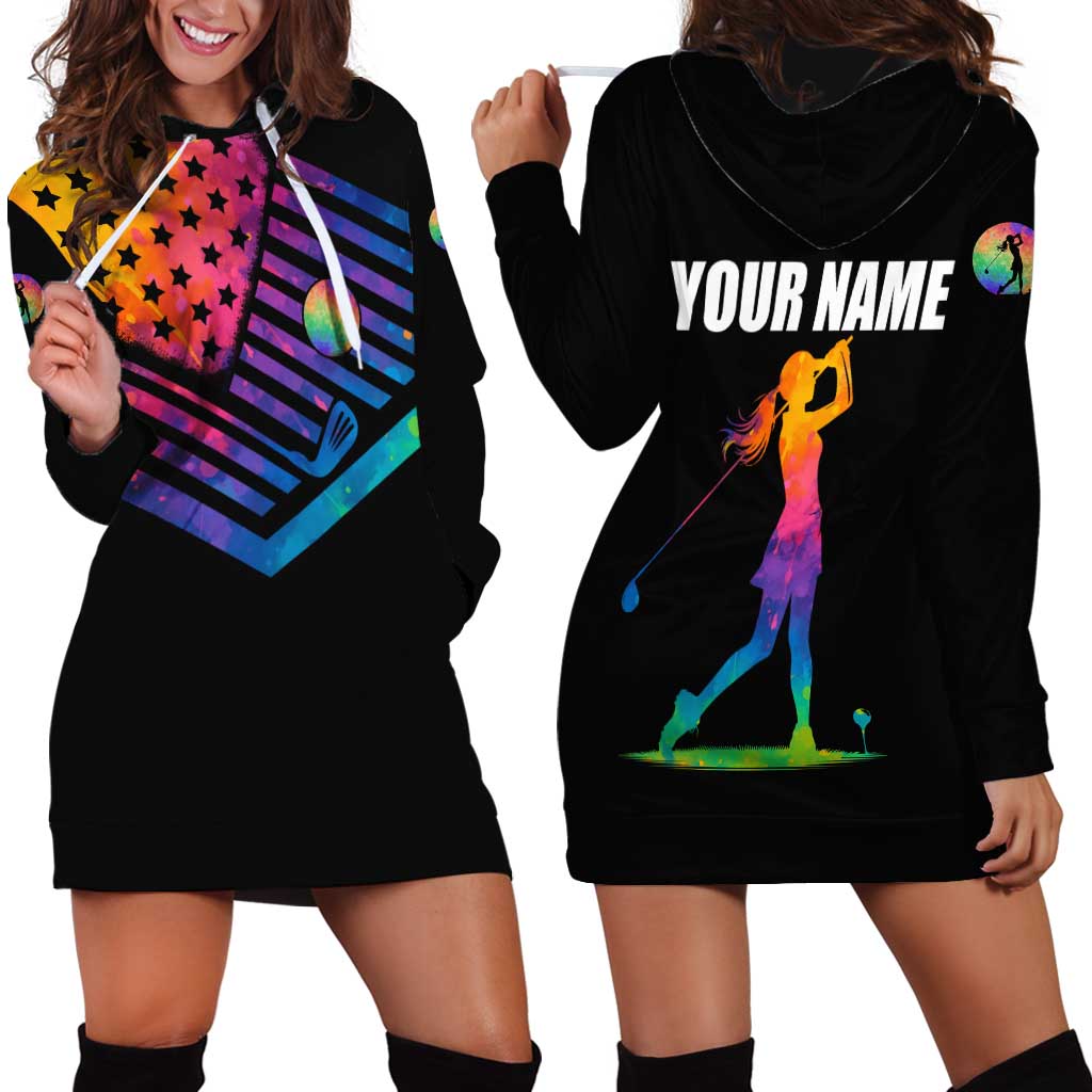 Colorful Golf Hoodie Dress Watercolor American Flag Female Golfer Silhouette in Rainbow Gradient - Wonder Print Shop