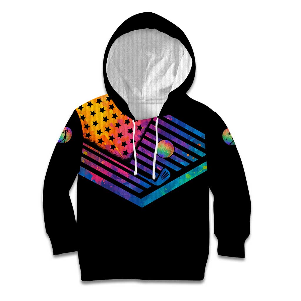 Colorful Golf Kid Hoodie Watercolor American Flag Female Golfer Silhouette in Rainbow Gradient - Wonder Print Shop
