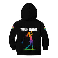 Colorful Golf Kid Hoodie Watercolor American Flag Female Golfer Silhouette in Rainbow Gradient - Wonder Print Shop