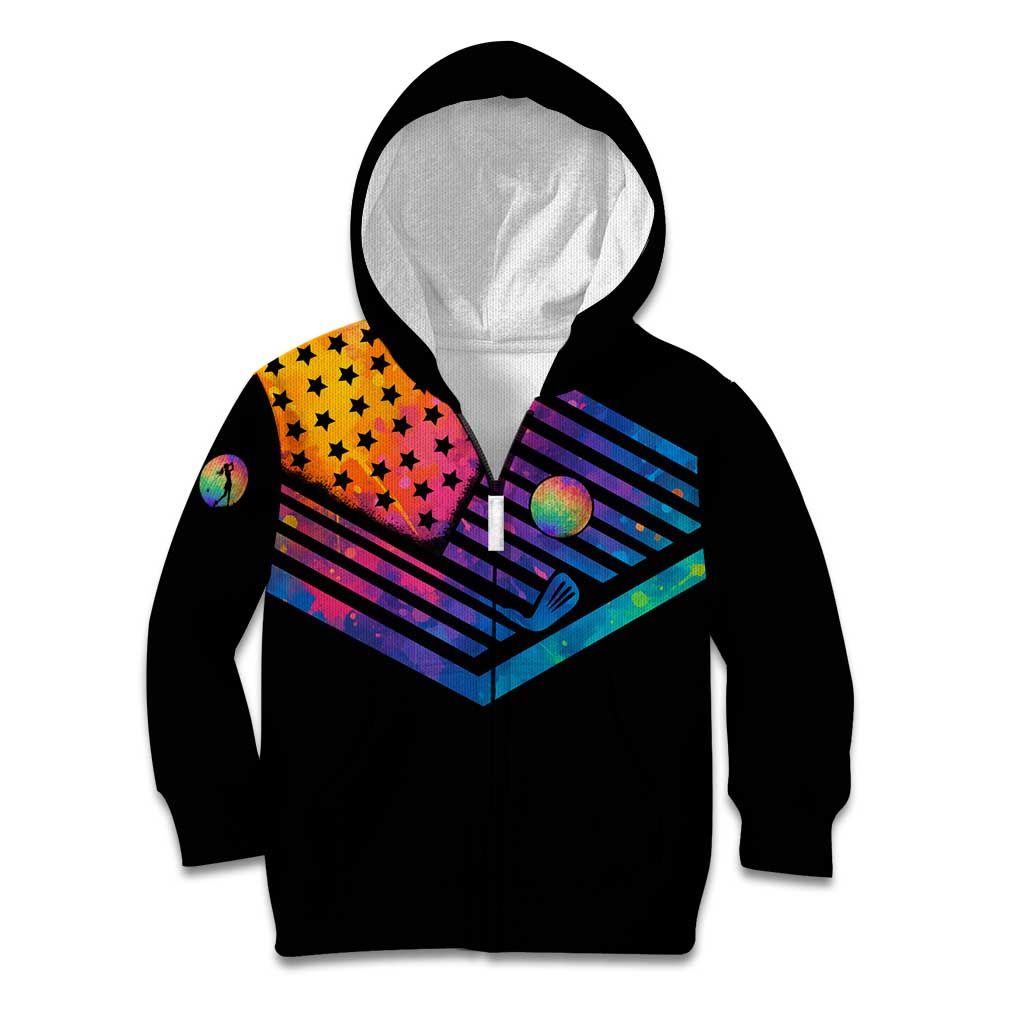 Colorful Golf Kid Hoodie Watercolor American Flag Female Golfer Silhouette in Rainbow Gradient - Wonder Print Shop