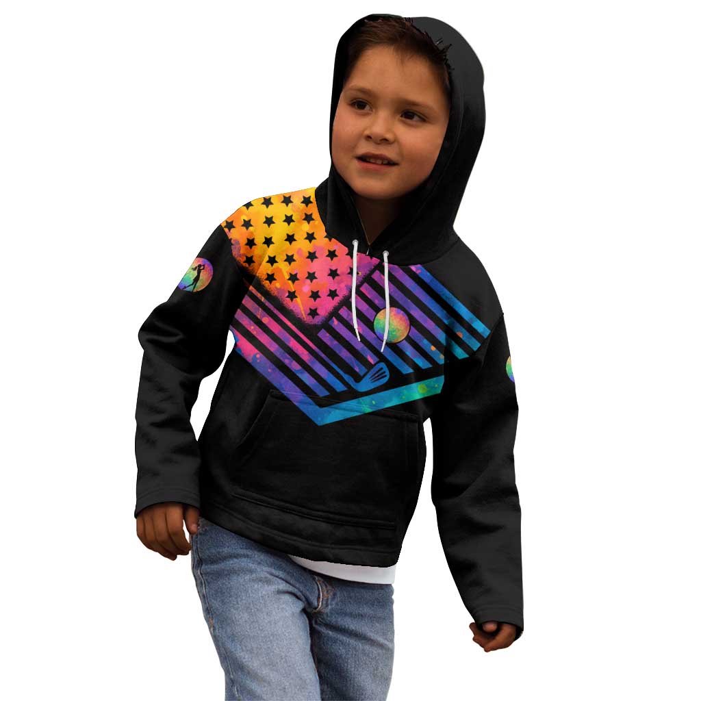 Colorful Golf Kid Hoodie Watercolor American Flag Female Golfer Silhouette in Rainbow Gradient - Wonder Print Shop