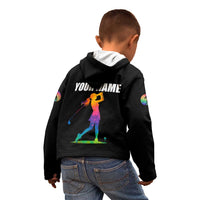 Colorful Golf Kid Hoodie Watercolor American Flag Female Golfer Silhouette in Rainbow Gradient - Wonder Print Shop