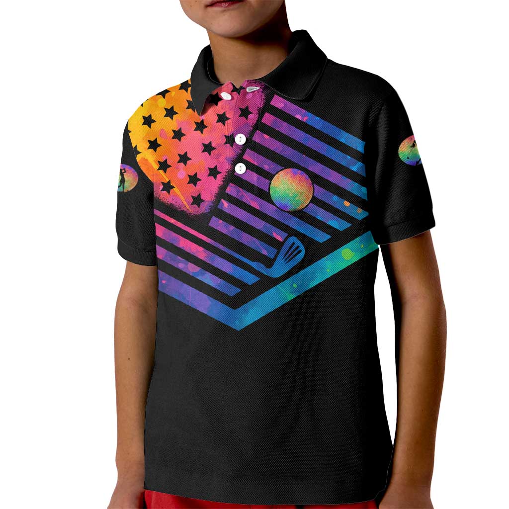 Colorful Golf Kid Polo Shirt Watercolor American Flag Female Golfer Silhouette in Rainbow Gradient - Wonder Print Shop