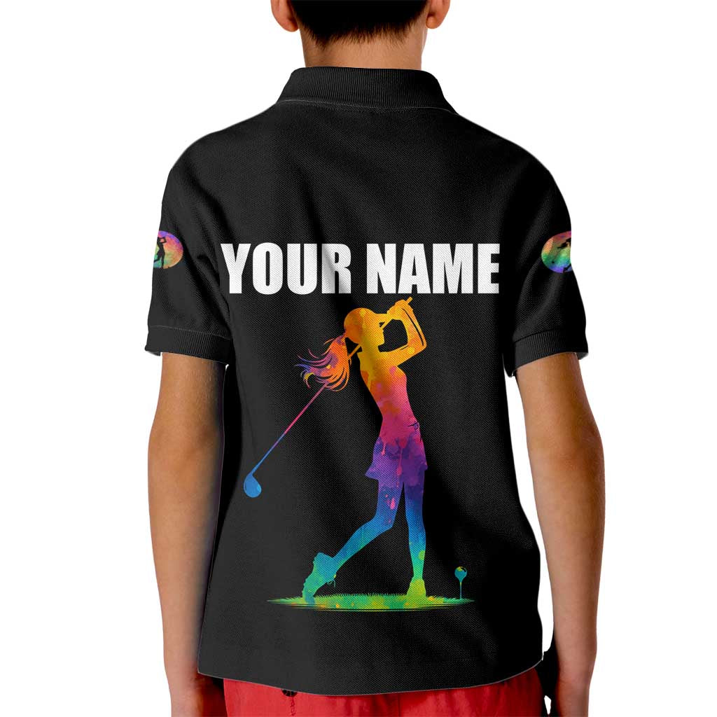Colorful Golf Kid Polo Shirt Watercolor American Flag Female Golfer Silhouette in Rainbow Gradient - Wonder Print Shop