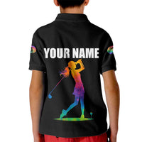 Colorful Golf Kid Polo Shirt Watercolor American Flag Female Golfer Silhouette in Rainbow Gradient - Wonder Print Shop