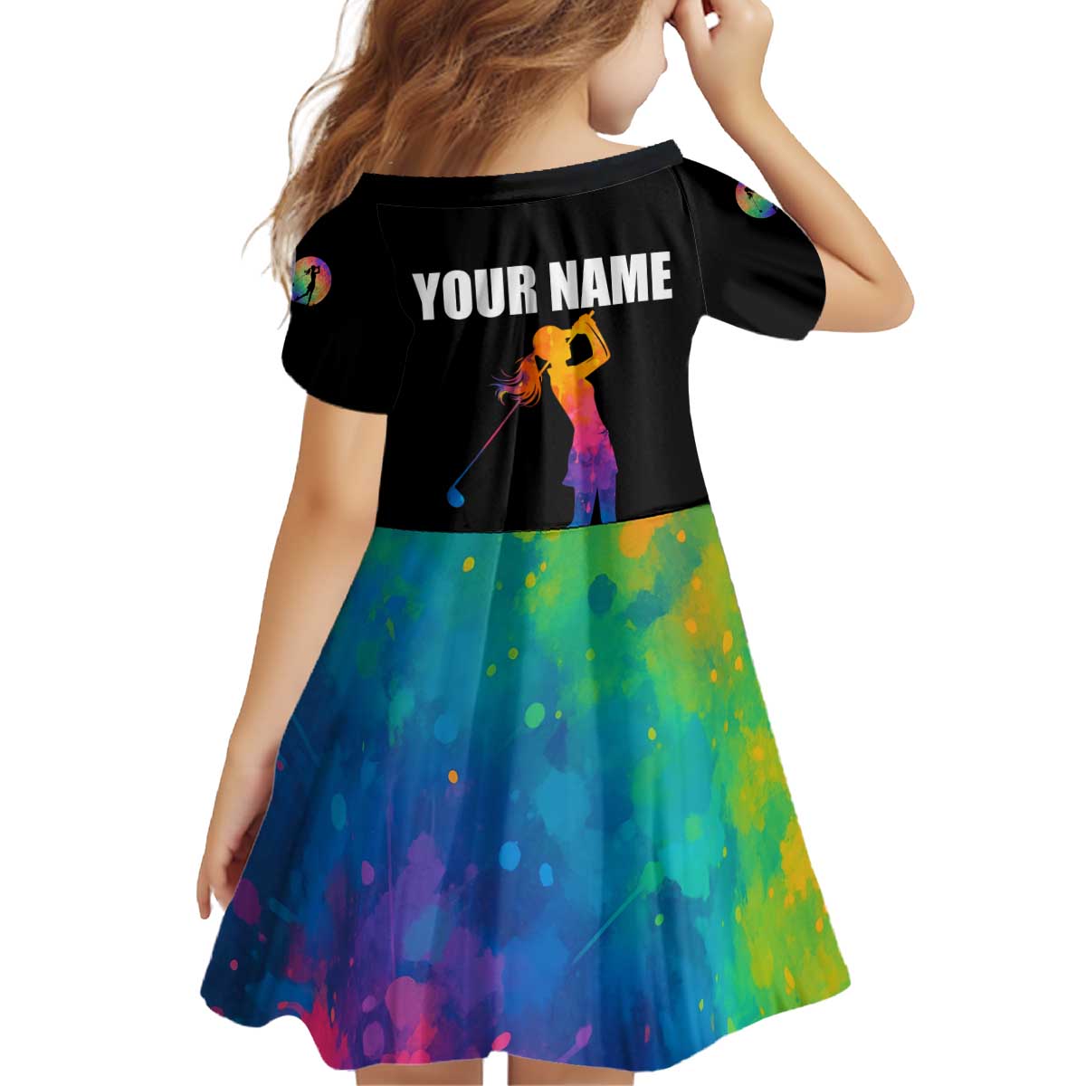 Colorful Golf Kid Short Sleeve Dress Watercolor American Flag Female Golfer Silhouette in Rainbow Gradient - Wonder Print Shop