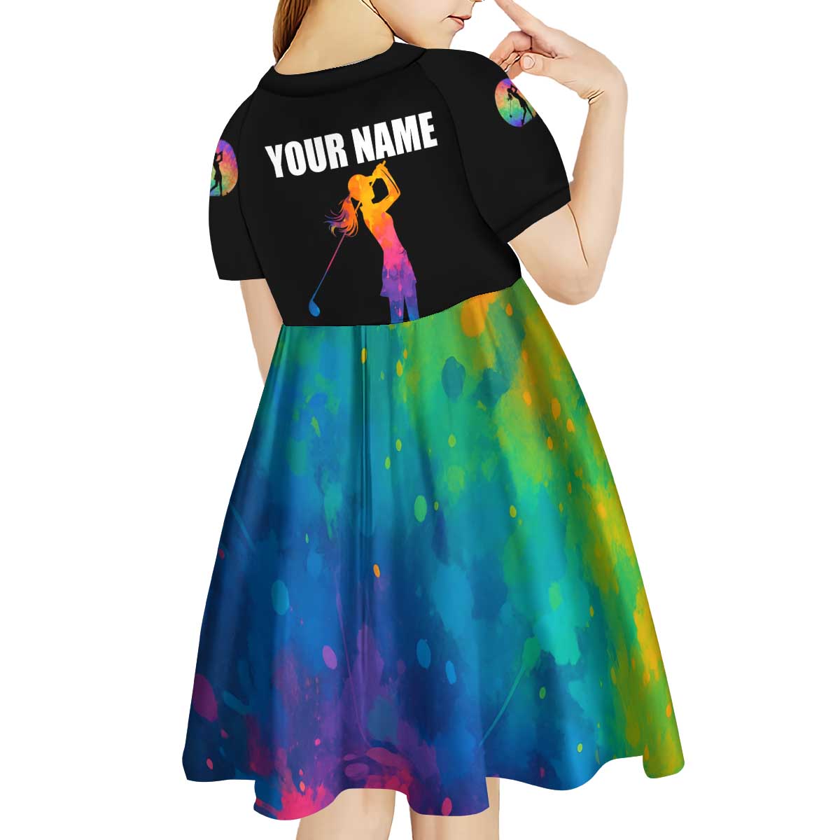 Colorful Golf Kid Short Sleeve Dress Watercolor American Flag Female Golfer Silhouette in Rainbow Gradient - Wonder Print Shop
