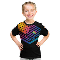 Colorful Golf Kid T Shirt Watercolor American Flag Female Golfer Silhouette in Rainbow Gradient - Wonder Print Shop
