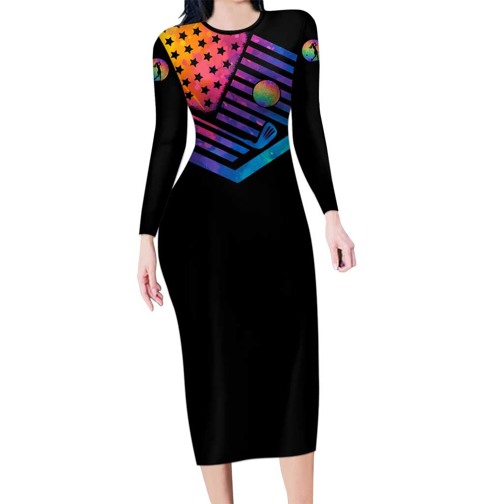 Colorful Golf Long Sleeve Bodycon Dress Watercolor American Flag Female Golfer Silhouette in Rainbow Gradient - Wonder Print Shop