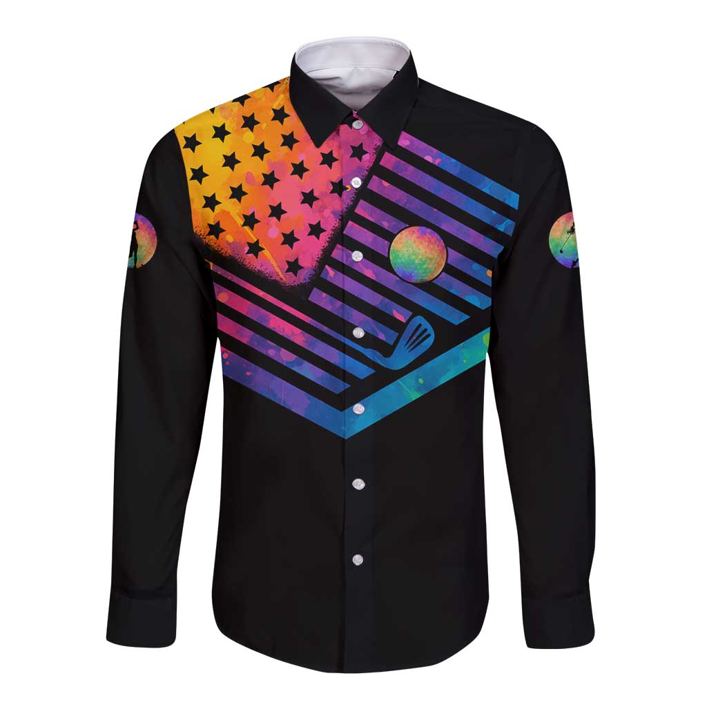 Colorful Golf Long Sleeve Button Shirt Watercolor American Flag Female Golfer Silhouette in Rainbow Gradient - Wonder Print Shop