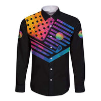 Colorful Golf Long Sleeve Button Shirt Watercolor American Flag Female Golfer Silhouette in Rainbow Gradient - Wonder Print Shop