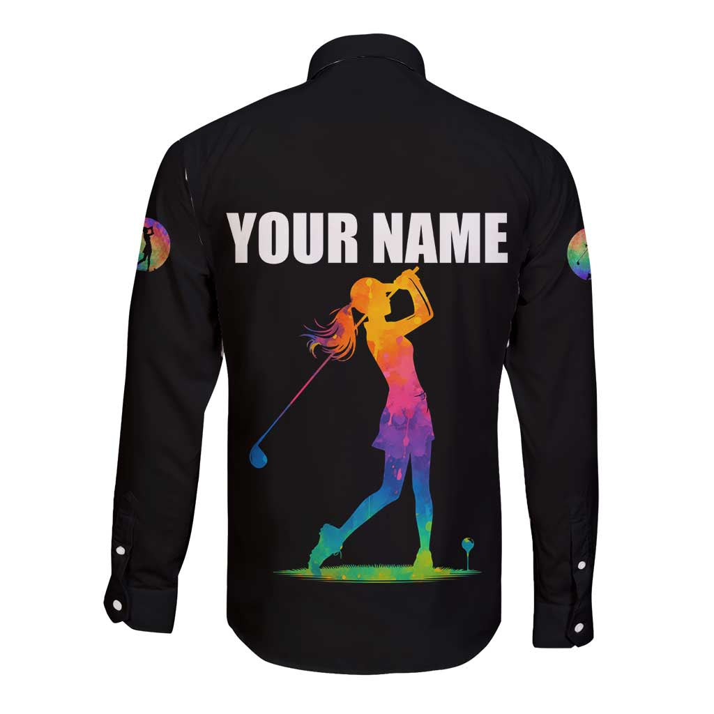 Colorful Golf Long Sleeve Button Shirt Watercolor American Flag Female Golfer Silhouette in Rainbow Gradient - Wonder Print Shop