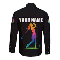 Colorful Golf Long Sleeve Button Shirt Watercolor American Flag Female Golfer Silhouette in Rainbow Gradient - Wonder Print Shop