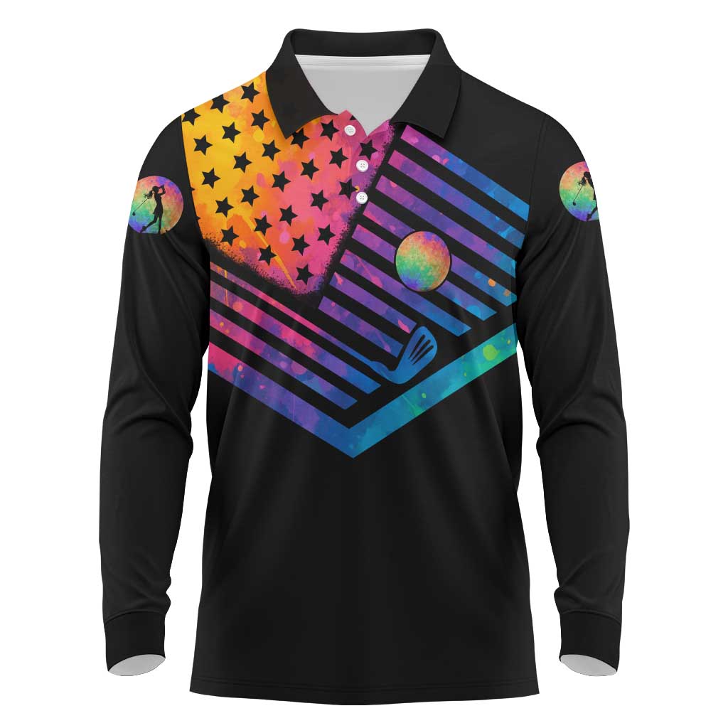 Colorful Golf Long Sleeve Polo Shirt Watercolor American Flag Female Golfer Silhouette in Rainbow Gradient - Wonder Print Shop