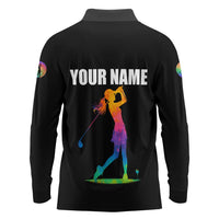 Colorful Golf Long Sleeve Polo Shirt Watercolor American Flag Female Golfer Silhouette in Rainbow Gradient - Wonder Print Shop