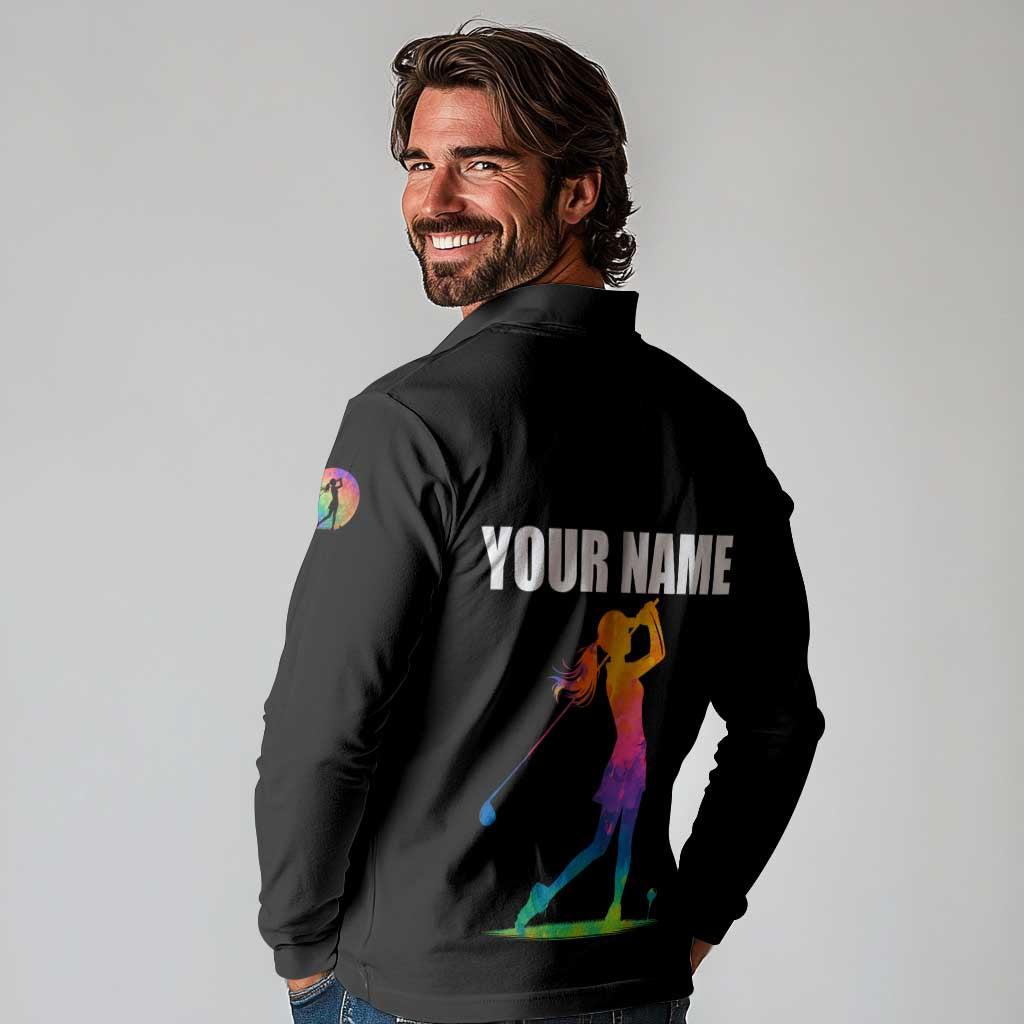 Colorful Golf Long Sleeve Polo Shirt Watercolor American Flag Female Golfer Silhouette in Rainbow Gradient - Wonder Print Shop