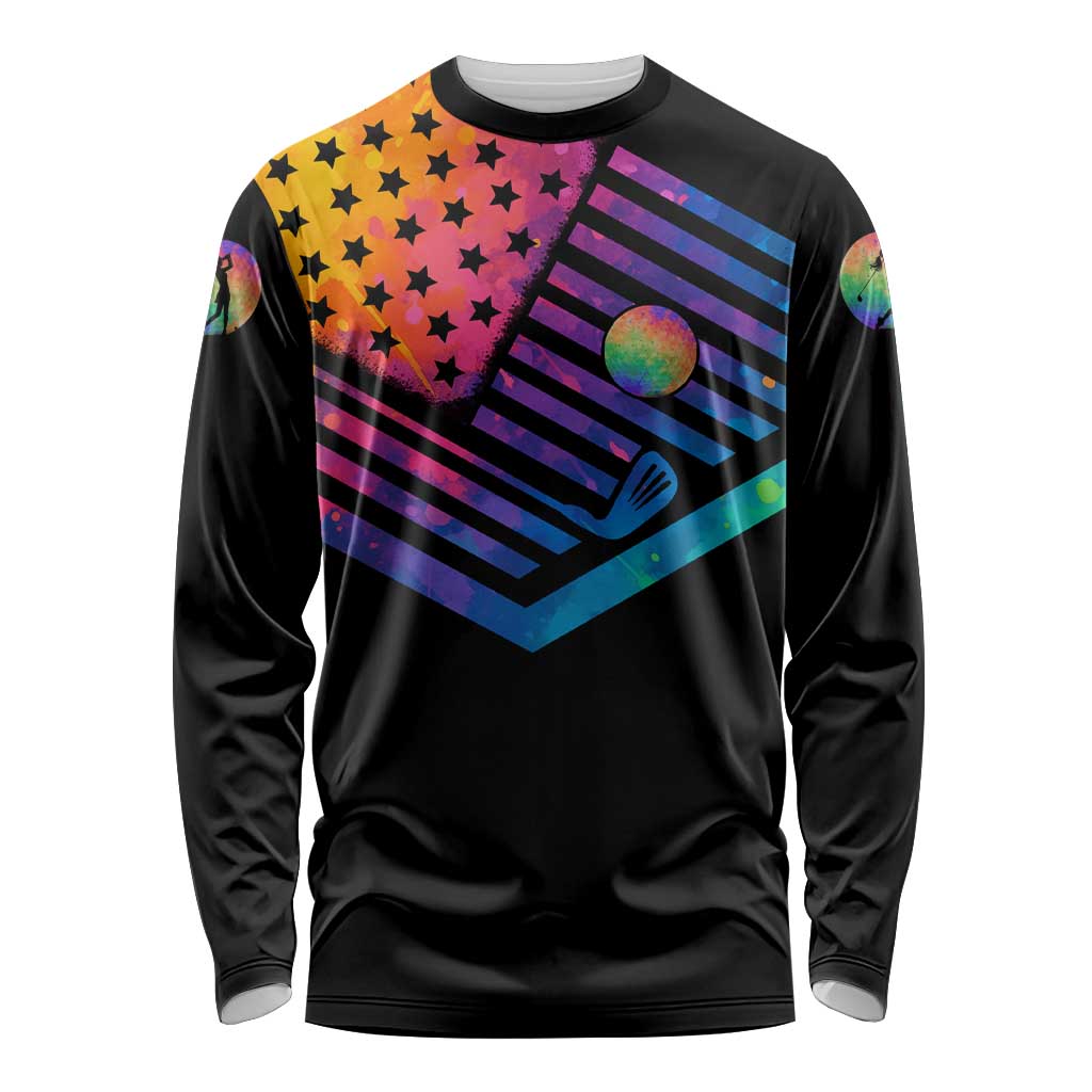 Colorful Golf Long Sleeve Shirt Watercolor American Flag Female Golfer Silhouette in Rainbow Gradient - Wonder Print Shop