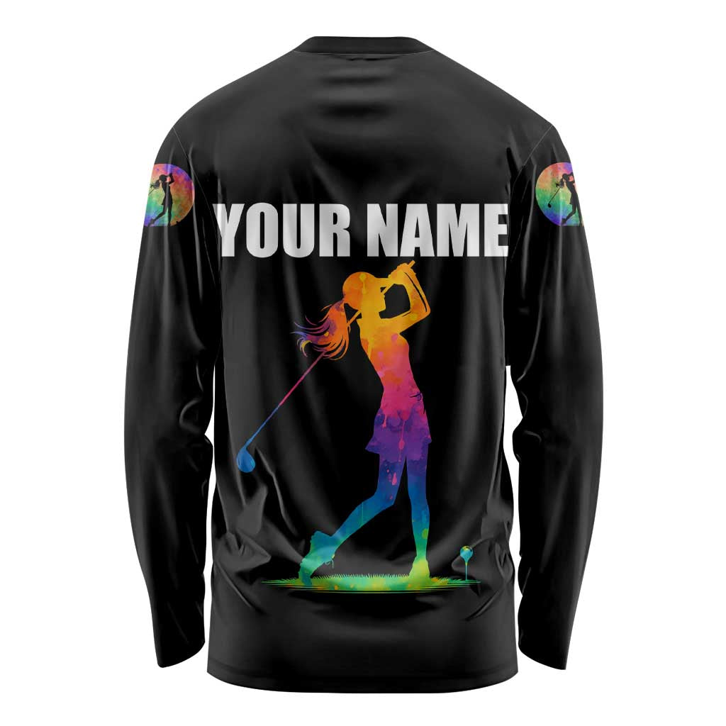 Colorful Golf Long Sleeve Shirt Watercolor American Flag Female Golfer Silhouette in Rainbow Gradient - Wonder Print Shop