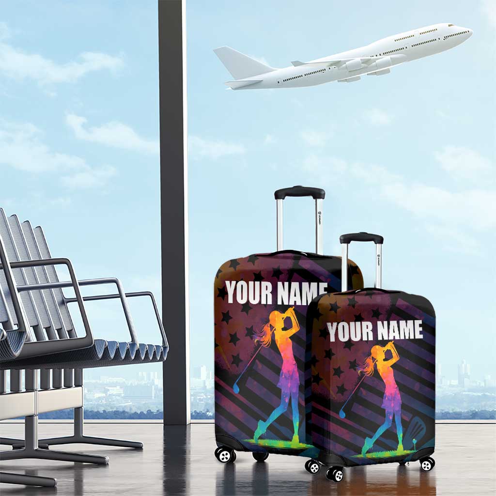 Colorful Golf Luggage Cover Watercolor American Flag Female Golfer Silhouette in Rainbow Gradient - Wonder Print Shop