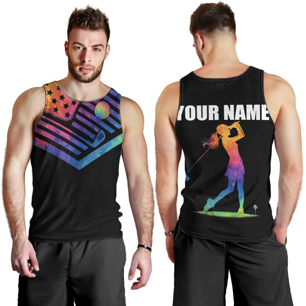 Colorful Golf Men Tank Top Watercolor American Flag Female Golfer Silhouette in Rainbow Gradient - Wonder Print Shop