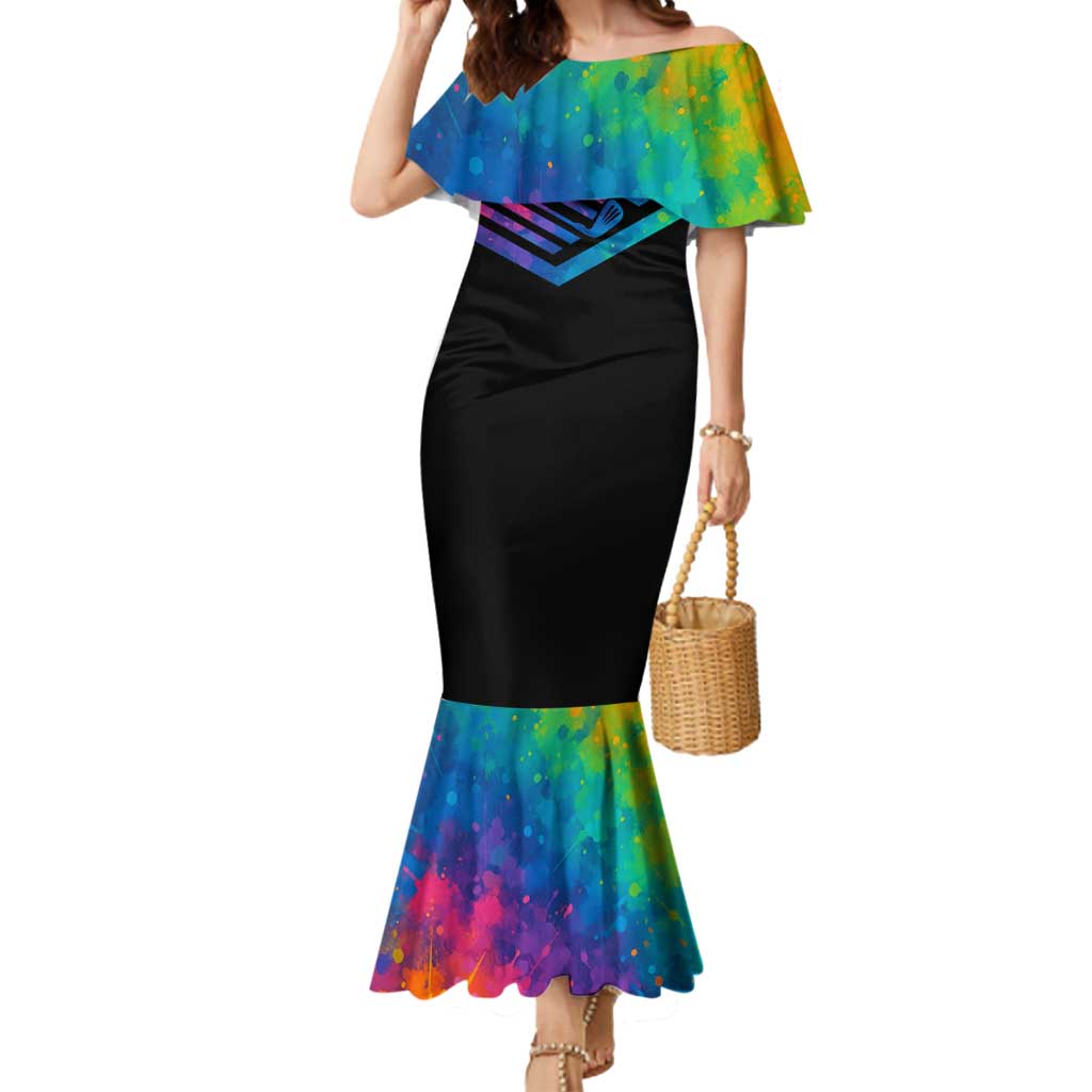 Colorful Golf Mermaid Dress Watercolor American Flag Female Golfer Silhouette in Rainbow Gradient - Wonder Print Shop