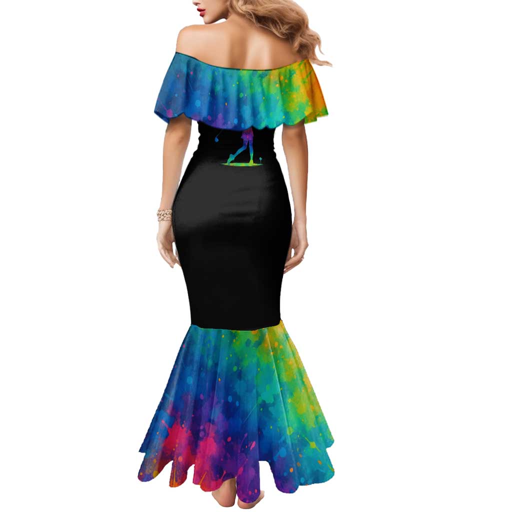 Colorful Golf Mermaid Dress Watercolor American Flag Female Golfer Silhouette in Rainbow Gradient - Wonder Print Shop