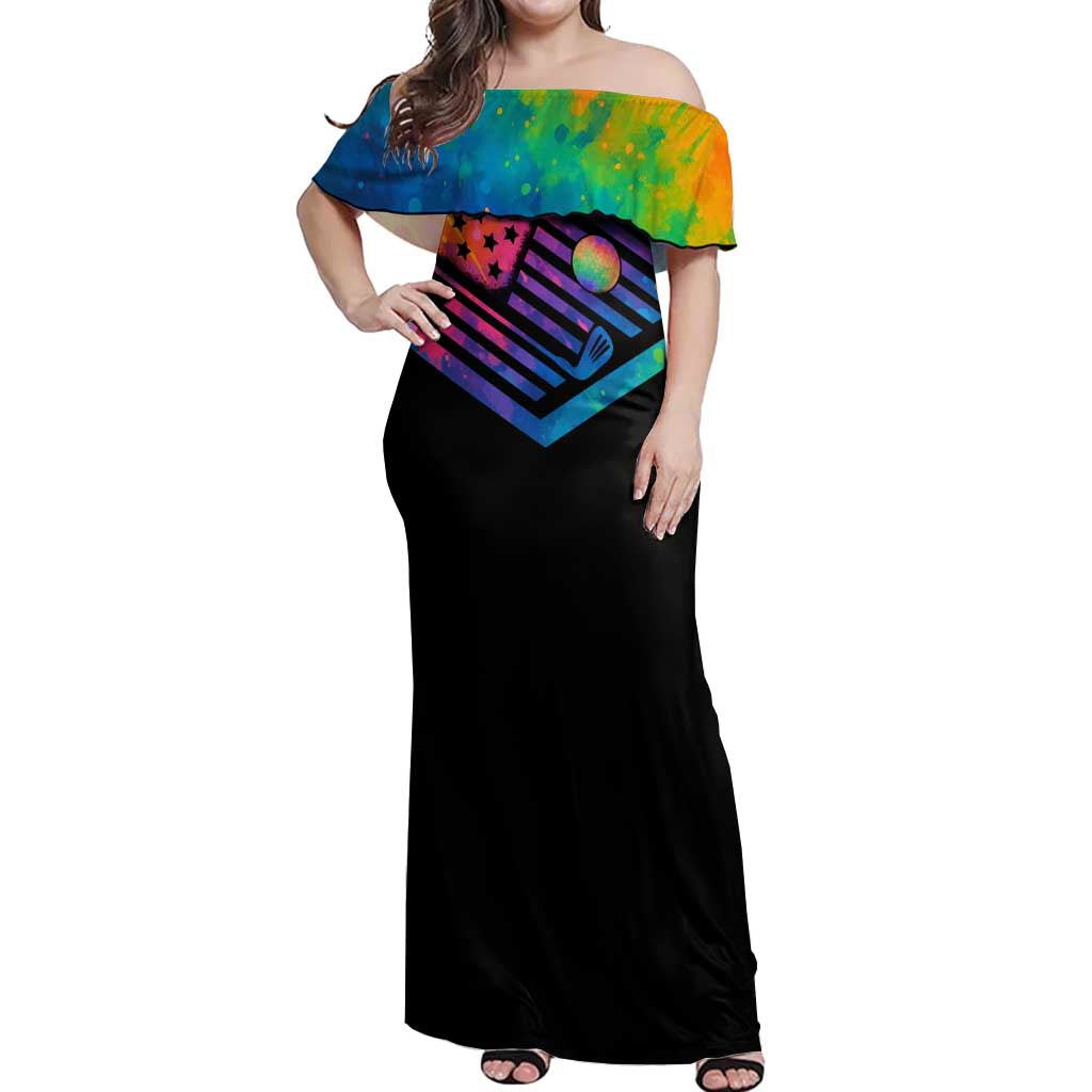Colorful Golf Off Shoulder Maxi Dress Watercolor American Flag Female Golfer Silhouette in Rainbow Gradient - Wonder Print Shop