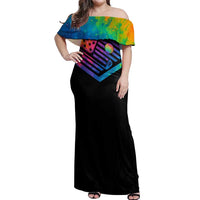 Colorful Golf Off Shoulder Maxi Dress Watercolor American Flag Female Golfer Silhouette in Rainbow Gradient - Wonder Print Shop